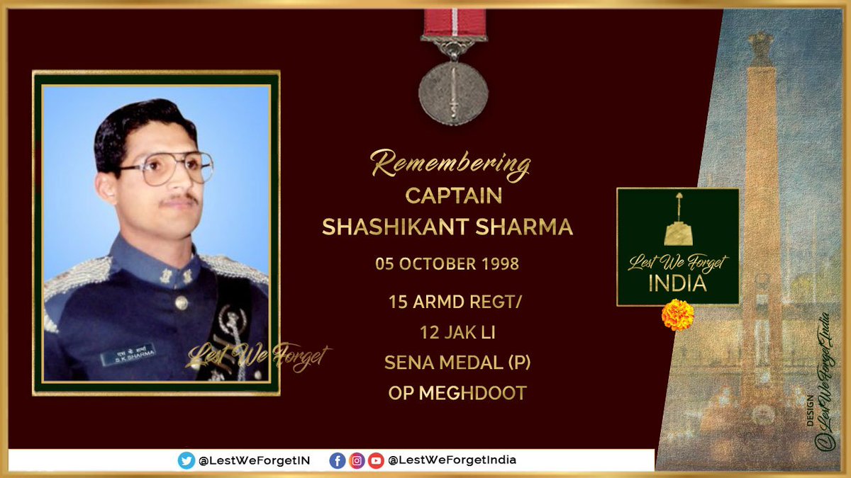 #LestWeForgetIndia🇮🇳 the supreme sacrifice of Capt Shashikant Sharma, #SenaMedal (P) 15 ARMD REGT/12 JAK LI defending Bana Post in Siachen Glacier #OnThisDay 05 October in 1998 #OpMeghdoot
Under fire from Pakistan, the #IndianBrave suffered fatal injuries defending the Post