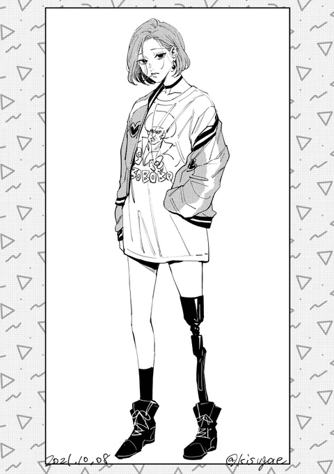 #このタグを見た人は自分が描いたモノクロ絵を貼れ 
好きが詰まってるビュティ風なスカジャン娘 