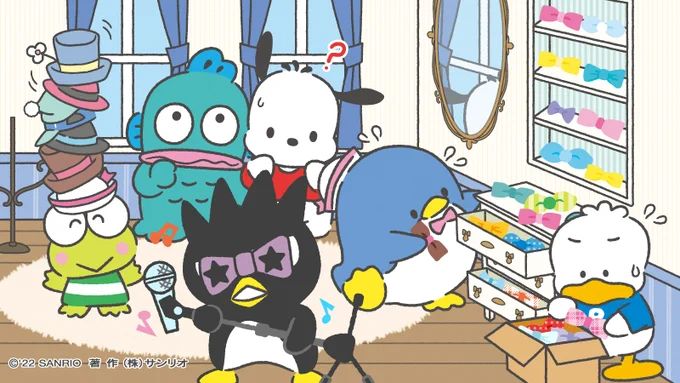 タキシードサム「そろそろ #衣替え の季節!みんな手伝ってくれてありがとね!」ポチャッコ「ネクタイって、こんなに替える必要ある?」ハンギョドン「素材感とか模様とか…?」ばつ丸「ヘイヘイへーイ!」けろっぴ「ばつ丸、それ眼鏡じゃないよ?」#はぴだんぶい #わちゃわちゃ 