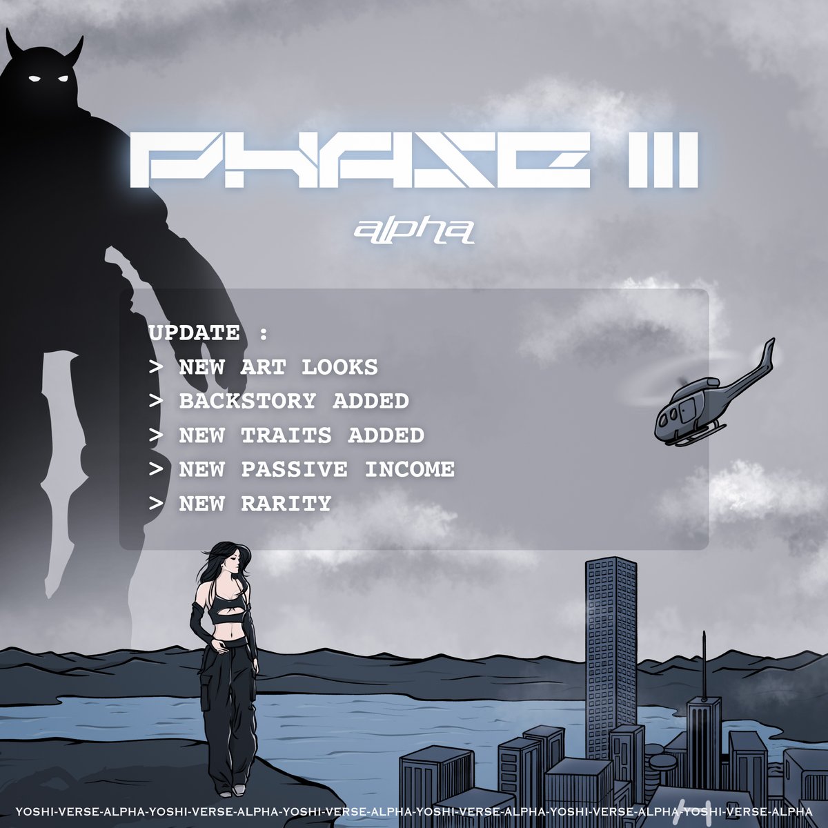 PHASE 3 "ALPHA" HAS ARRIVED! ⚡️

UPDATE :
- NEW ART LOOKS
- BACKSTORY OF YOSHI
- NEW TRAITS ADDED
- NEW PASSIVE INCOME
- NEW RARITY OF THE ITEMS

SO, STAY TUNED! ❤️✨

#NFT #NFTCollection #NFTdrop #NFTCommunity #NFT宣伝枠 #NFT買います #NFTsales #nftopensea #openseacollections