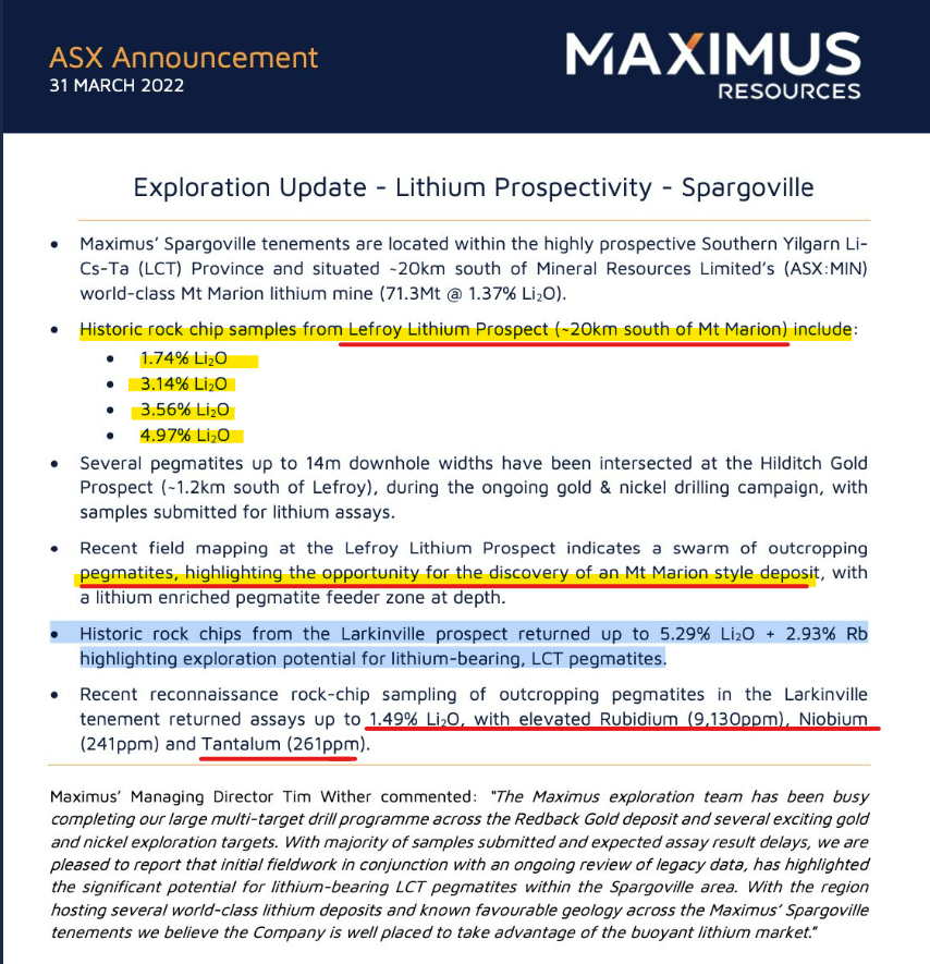 nkat007's tweet photo. $MXR @MaximusRes ~$7m cash, $15m MC 

Multi-commodity focus #gold, #nickel + #Lithium 

#Lithium projects located in Southern Yilgarn province, surrounded by $ESS, Bald Hill, $MIN Mt Marion
➡️ Larkinville  upto 5.29% Li20 rock chips 
➡️ Lefroy prospect upto 4.97% Li20 https://t.co/dr5oxUzw38