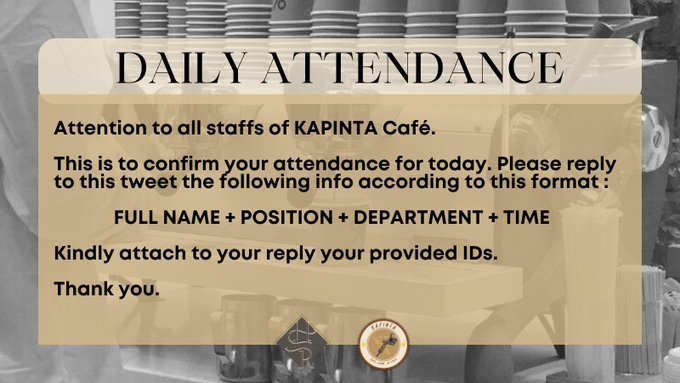 ㅤ

10-05-2022

Attention to all staffs!

Clock in before proceeding to work. Kindly follow the format. Thank you!

ᅠ