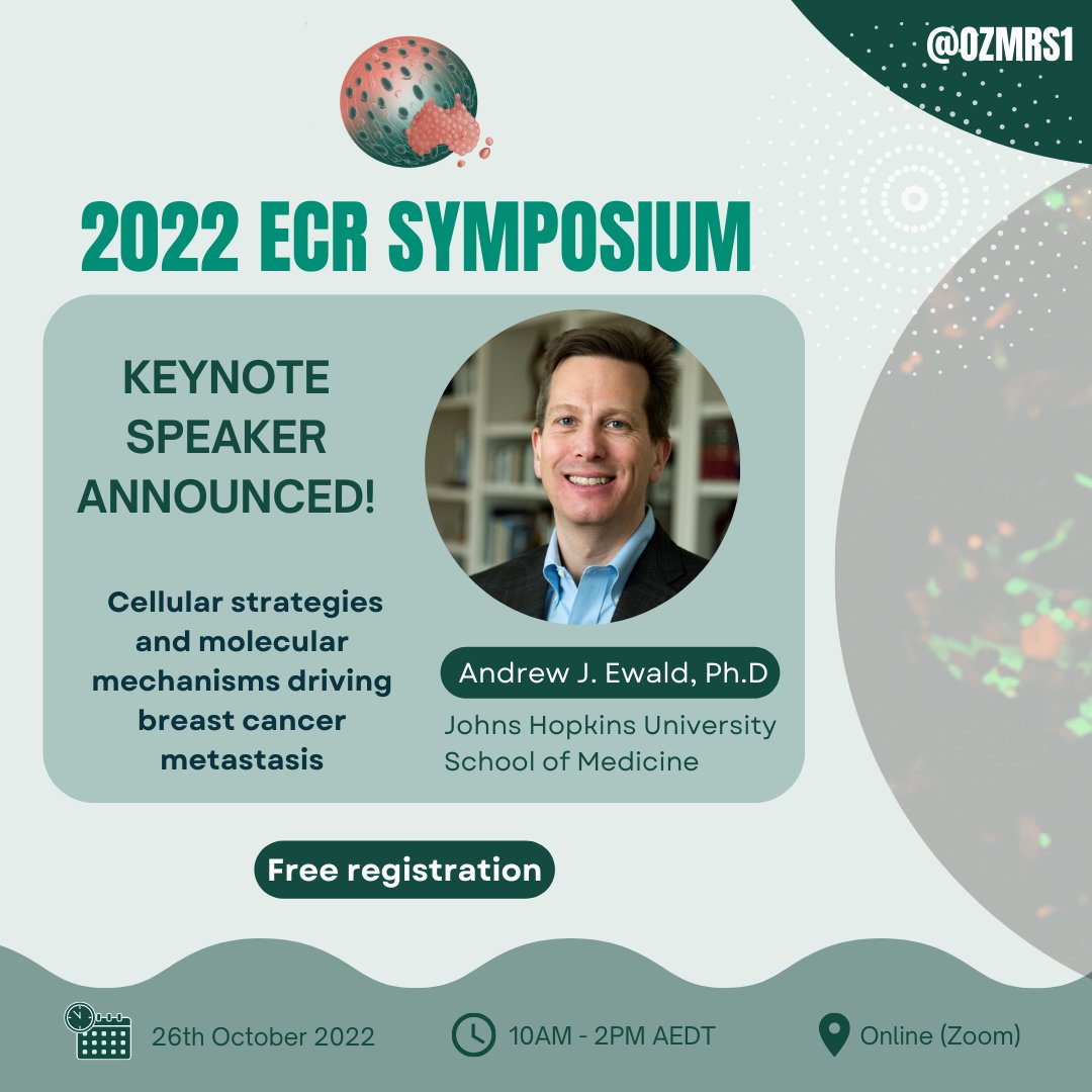 OzMRS1's tweet photo. We are excited to announce Professor Andrew J. Ewald, Ph.D. from the John Hopkins University School of Medicine will be joining us as keynote speaker for #OzMRSECR2022.

Abstract submission for OzMRS members (free to join) has been extended until 5pm today! https://t.co/dJRurjudS4