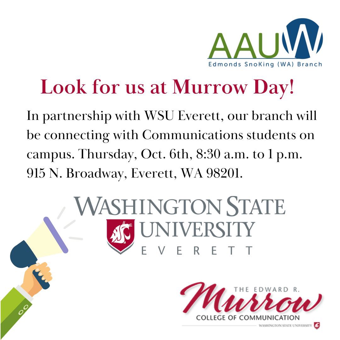 AAUW_ESKBranch's tweet photo. We’re so excited to connect with @WSUEverett students working towards achieving their #EducationalGoals in the #Communications field this week! 

#AAWU focuses on #EducationalEquity  in #HigherEducation. Both @AAUW National and our local branch offer scholarship opportunities. https://t.co/FkJXyQTB4n