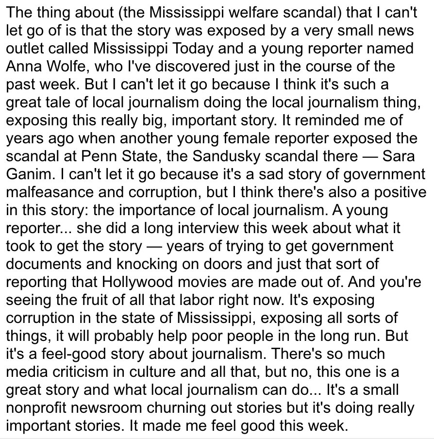 More national praise for <a href="/ayewolfe/">Anna Wolfe</a> and <a href="/MSTODAYnews/">Mississippi Today</a> for coverage of the Mississippi welfare scandal, this time from the NPR Politics podcast.

podcasts.apple.com/us/podcast/wee…
