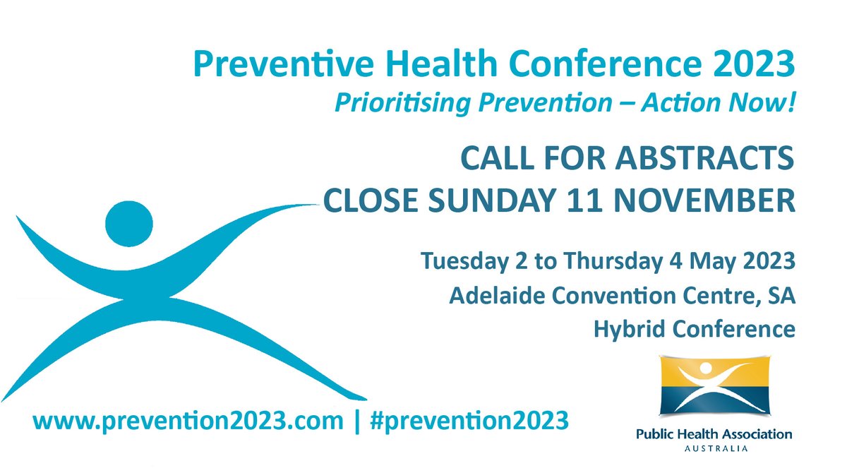 JacquieBowden's tweet photo. 📢 The call for abstracts for the Australian Preventive Health Conference 2023 are now open until 11 November! 
We would love you to join us in Adelaide in May next year and share your work. More info at https://t.co/untQdno1V6 https://t.co/XprwLRkZck