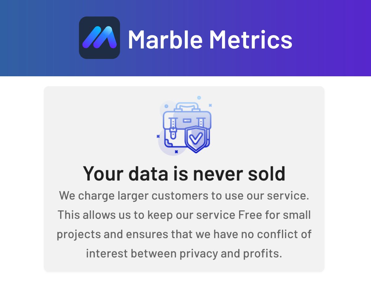StatsProIO's tweet image. Data collected with @MarbleMetrics belongs 100% to you. It is never sold or used for advertising purposes. We charge for our higher tiers so that there is no conflict of interest.

#gdpr #opensource #php #Laravel #analytics #javascript