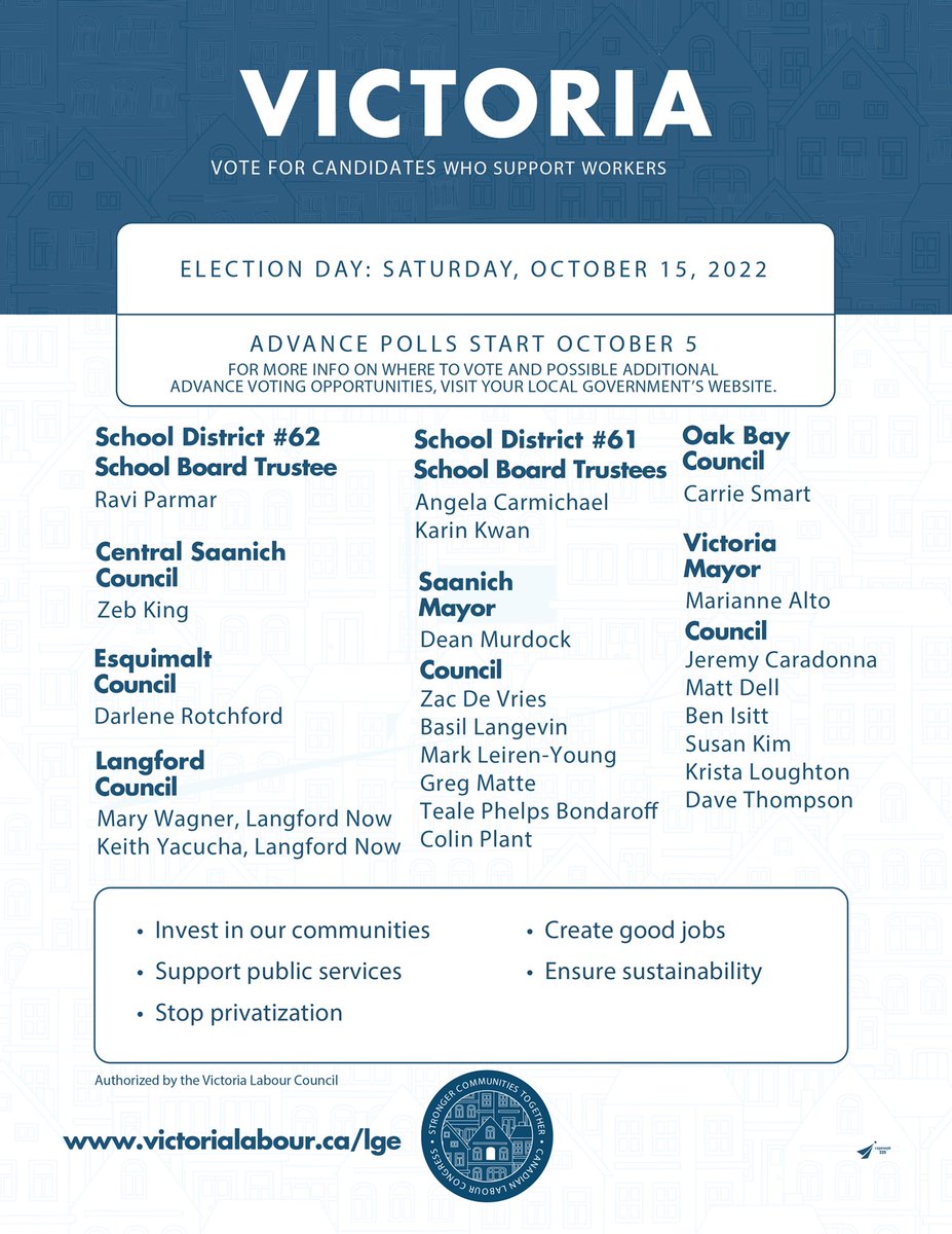 Tomorrow is the 1st day of advance polls in the #municipal2022 election! Below is our list of labour endorsed candidates ✊🗳#vote #bclab #canlab