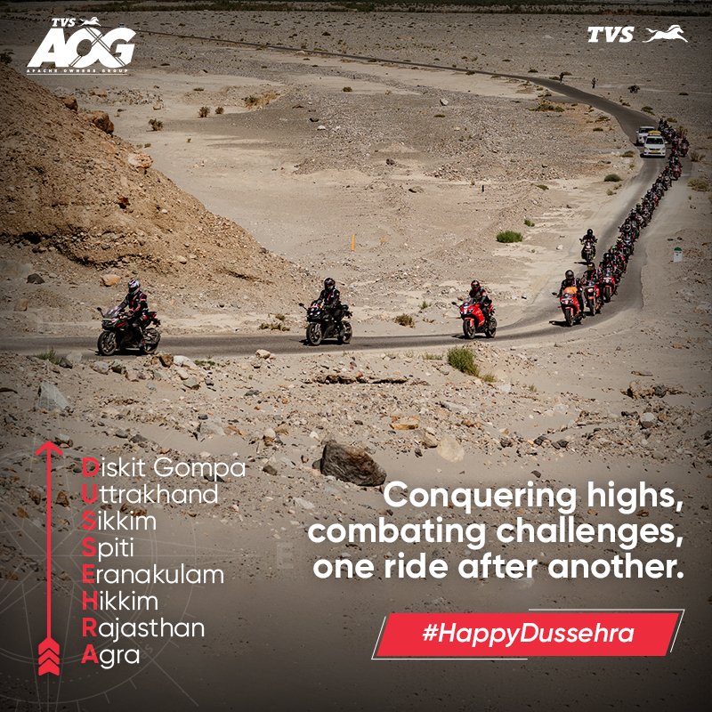 TVSApacheSeries's tweet image. No matter the cities and terrains we conquer, there's always another ride to revv up our race machines. Here's wishing every Apache rider a #HappyDussehra
Click on the link to join &amp;amp; be a part of our next adventure - bit.ly/3V2v3fn
#ApacheOwnersGroup #TVSApacheSeries