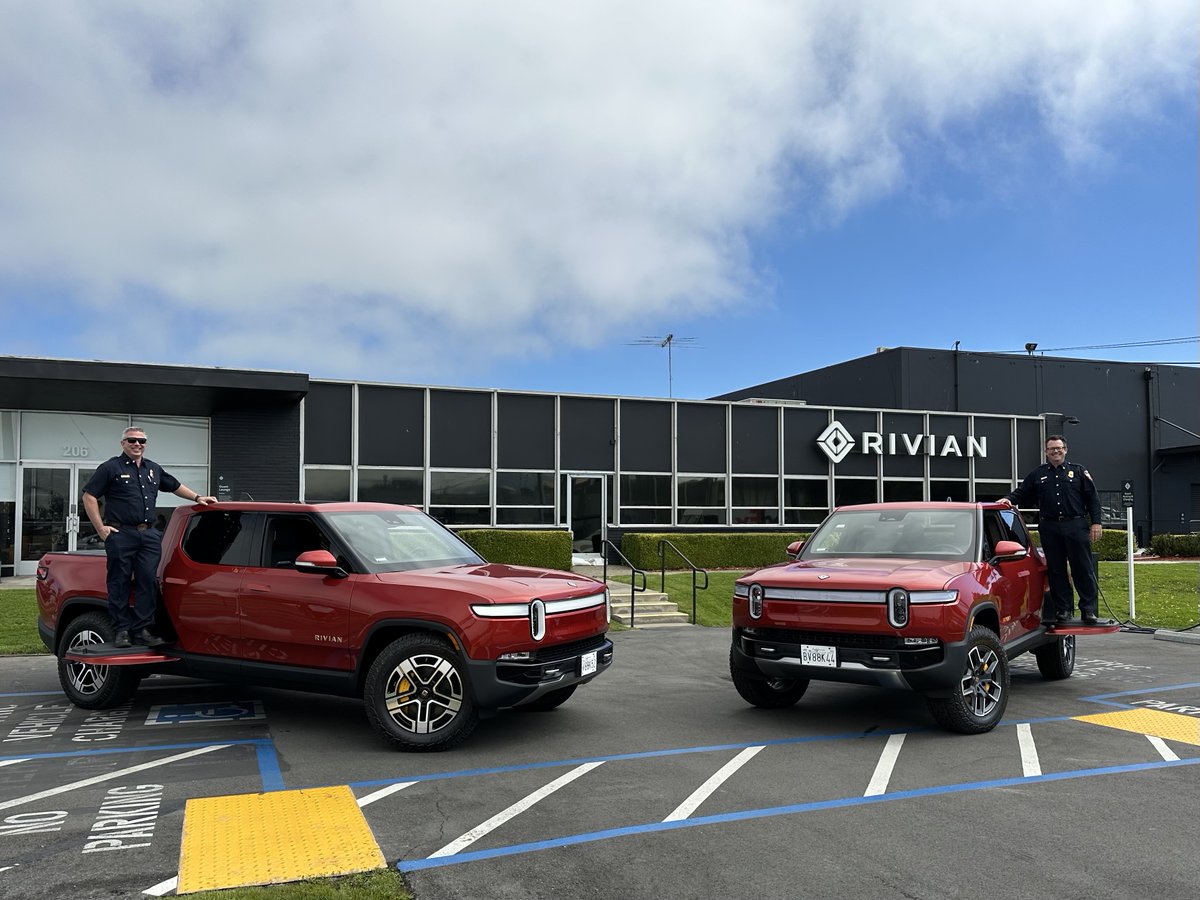 ContraCostaFire's tweet photo. Con Fire took delivery of two electric trucks from @Rivian today, the first green vehicles in our fleet. They will be utilized in our training division and fire prevention bureau. We are committed to preserving life, property and the environment for the communities we serve. https://t.co/f8EOskCGOO