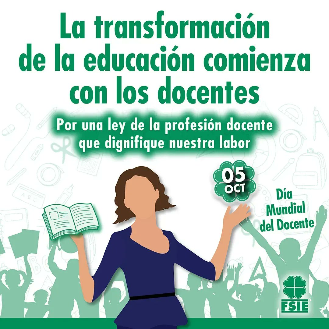 FSIECadiz's tweet photo. Hoy en el día mundial del docente, FSIE Cádiz quiere reivindicar una ley de la profesión docente que dignifique nuestra labor. Porque pensamos que la transformación de la educación comienza con los docentes. #masFSIE #FSIEtuVoz #compromisoFSIE https://t.co/ZjRoVKjtUE