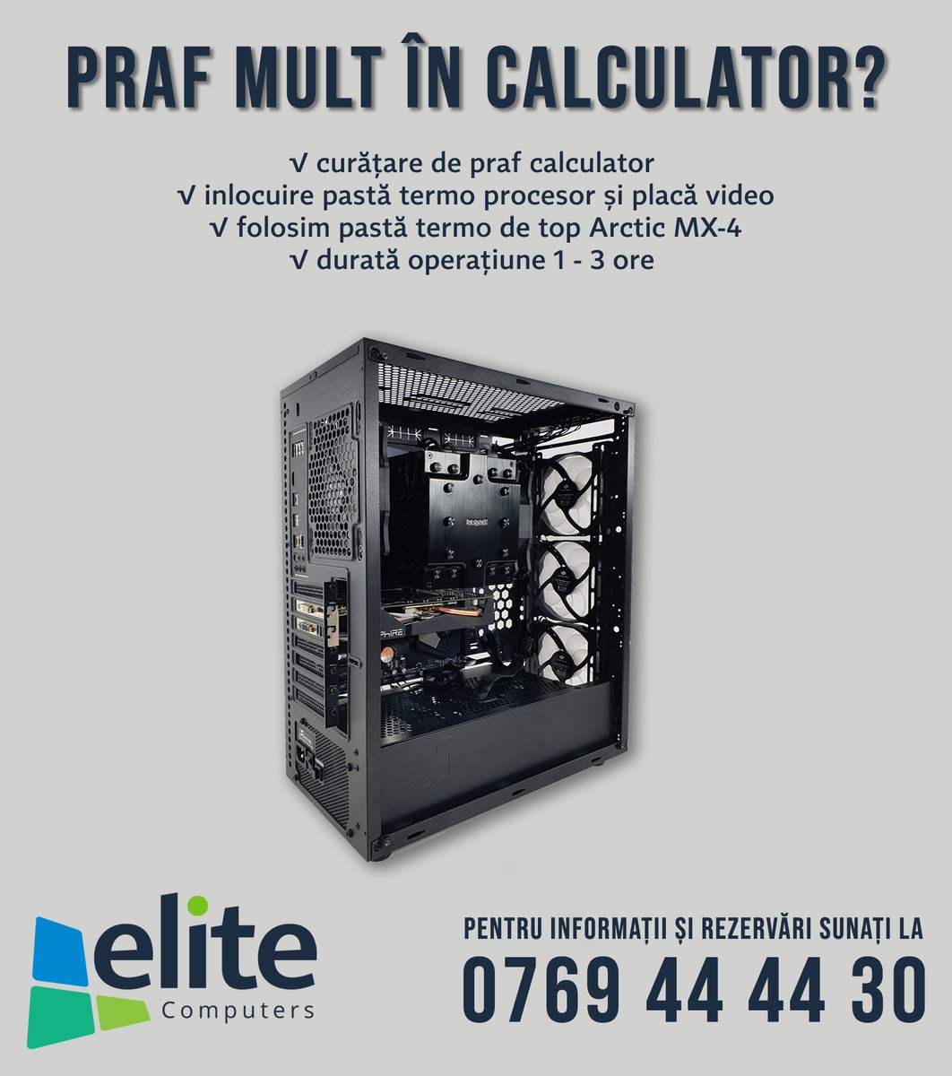 elitecomputers_'s tweet photo. Calculatorul și-a pierdut din performanțe pentru că e îmbăcsit cu praf iar pasta termoconductoare s-a uscat?  Sună acum la 0769 44 44 30
⏱ Calculatorul  va fi gata in 1-3 ore
🏆 Folosim pastă termo de top Arctic MX4
🏢 13 Decembrie 129, zona Coresi
☎️ Rezervari la: 0769 44 44 30 https://t.co/twXXuaq2wW