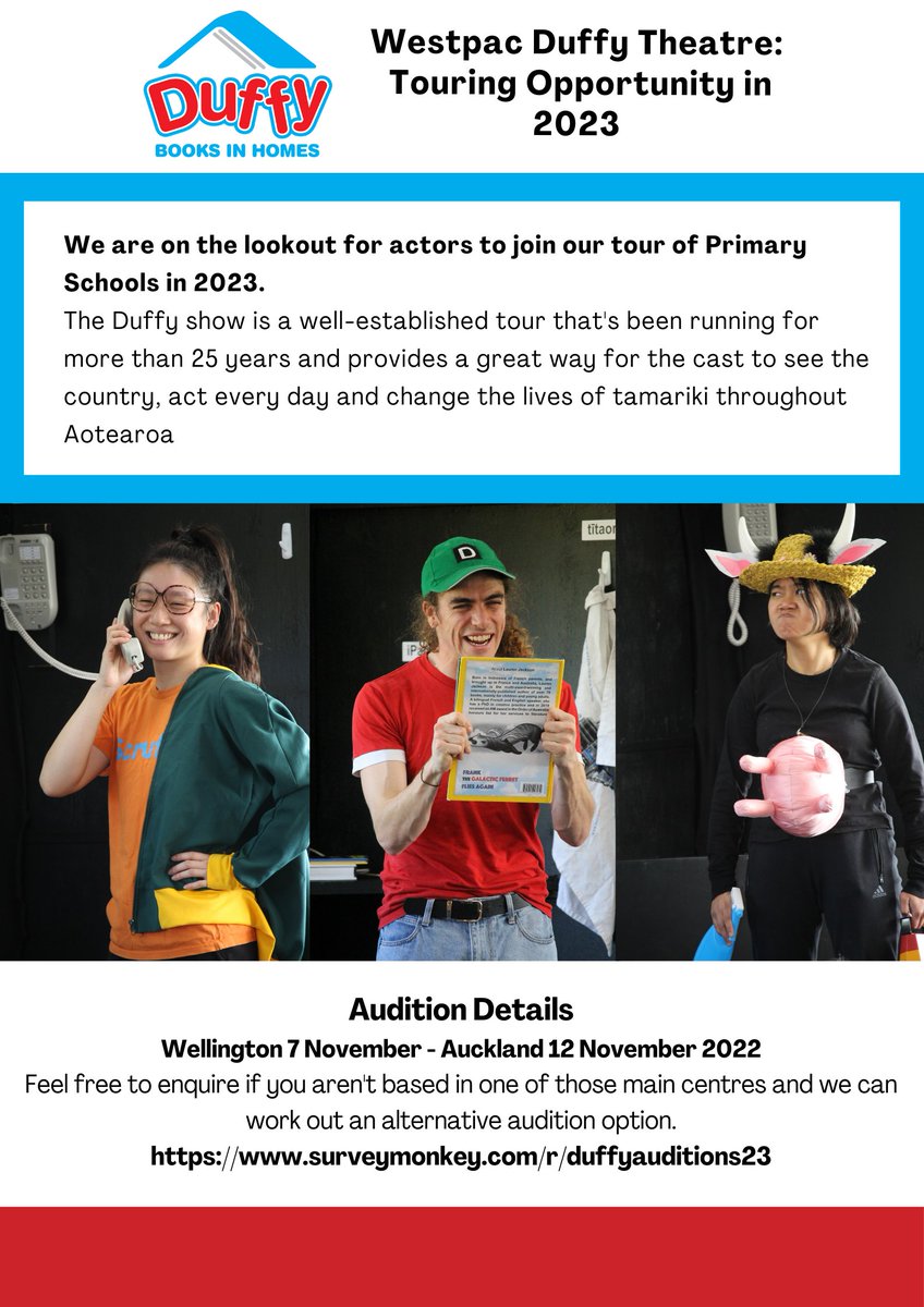 duffybooks's tweet photo. Westpac Duffy Theatre is on the lookout for actors to join our touring team for 2023! If you are keen to perform every day while getting paid to travel the country, this is for you. Read the information in the images attached and hit this link to apply:
https://t.co/Mgy7Hzaans https://t.co/J9DKG0MKVr