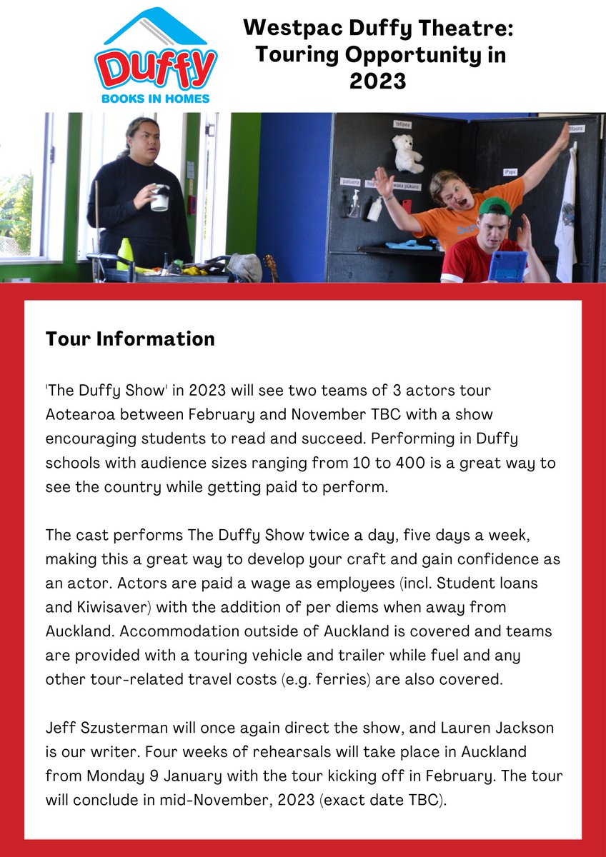 duffybooks's tweet photo. Westpac Duffy Theatre is on the lookout for actors to join our touring team for 2023! If you are keen to perform every day while getting paid to travel the country, this is for you. Read the information in the images attached and hit this link to apply:
https://t.co/Mgy7Hzaans https://t.co/J9DKG0MKVr