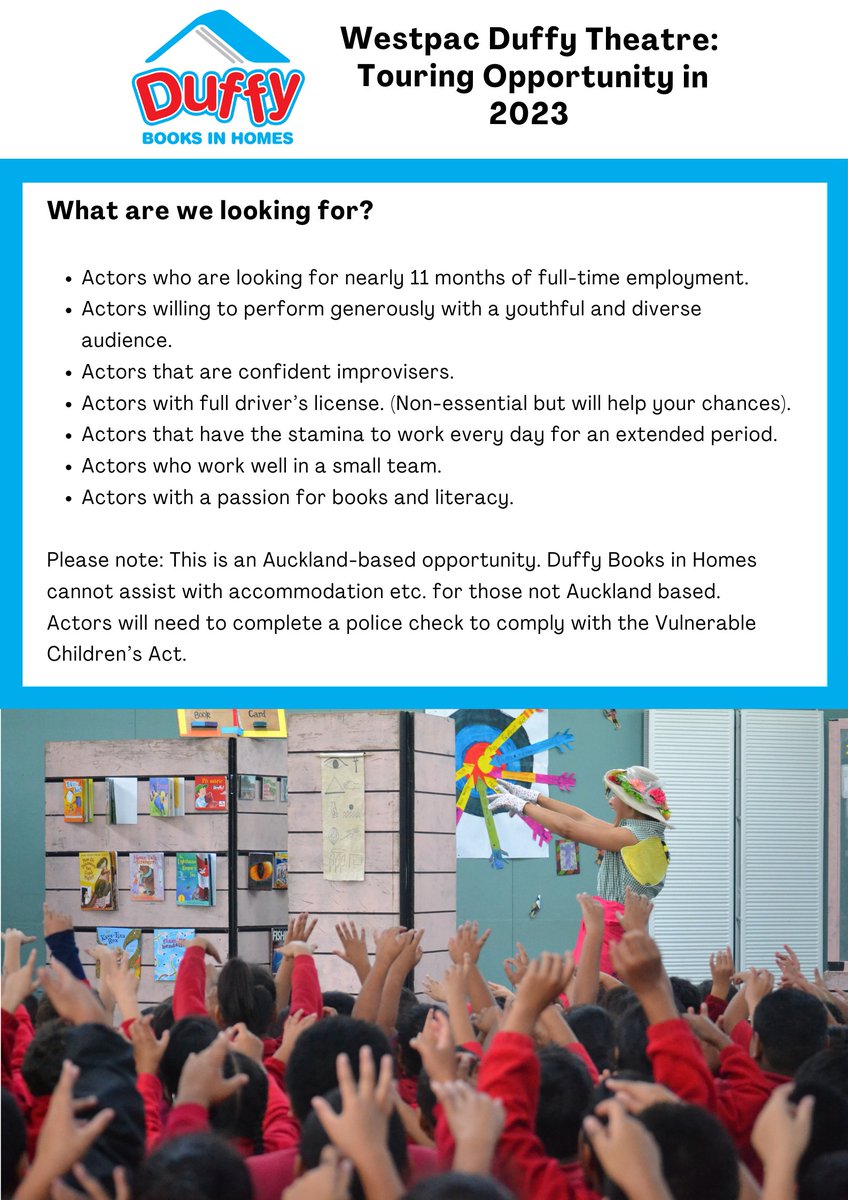 duffybooks's tweet photo. Westpac Duffy Theatre is on the lookout for actors to join our touring team for 2023! If you are keen to perform every day while getting paid to travel the country, this is for you. Read the information in the images attached and hit this link to apply:
https://t.co/Mgy7Hzaans https://t.co/J9DKG0MKVr