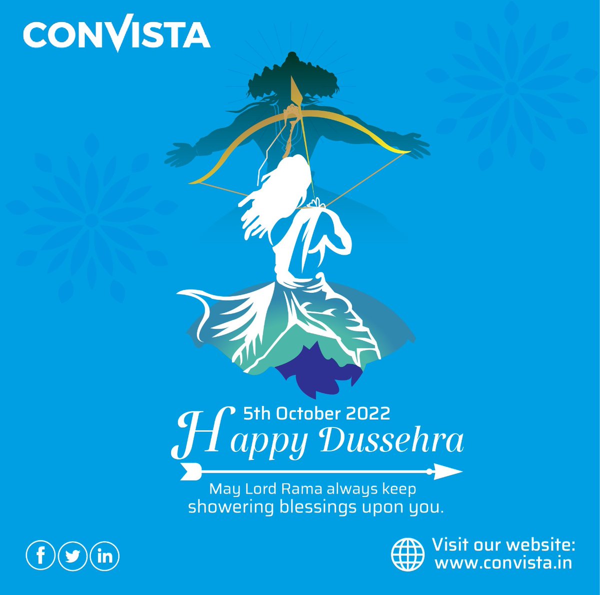 ConvistaAsia's tweet photo. A time for celebration, for festivity, for the victory of good over evil.
Wishing u and ur family a #HappyDussehra.
#ConVista4U #convista #HappyDussehra #Navratri #Dussehra #Festival #DurgaPuja #IndianFestival https://t.co/Cem85aDRRH