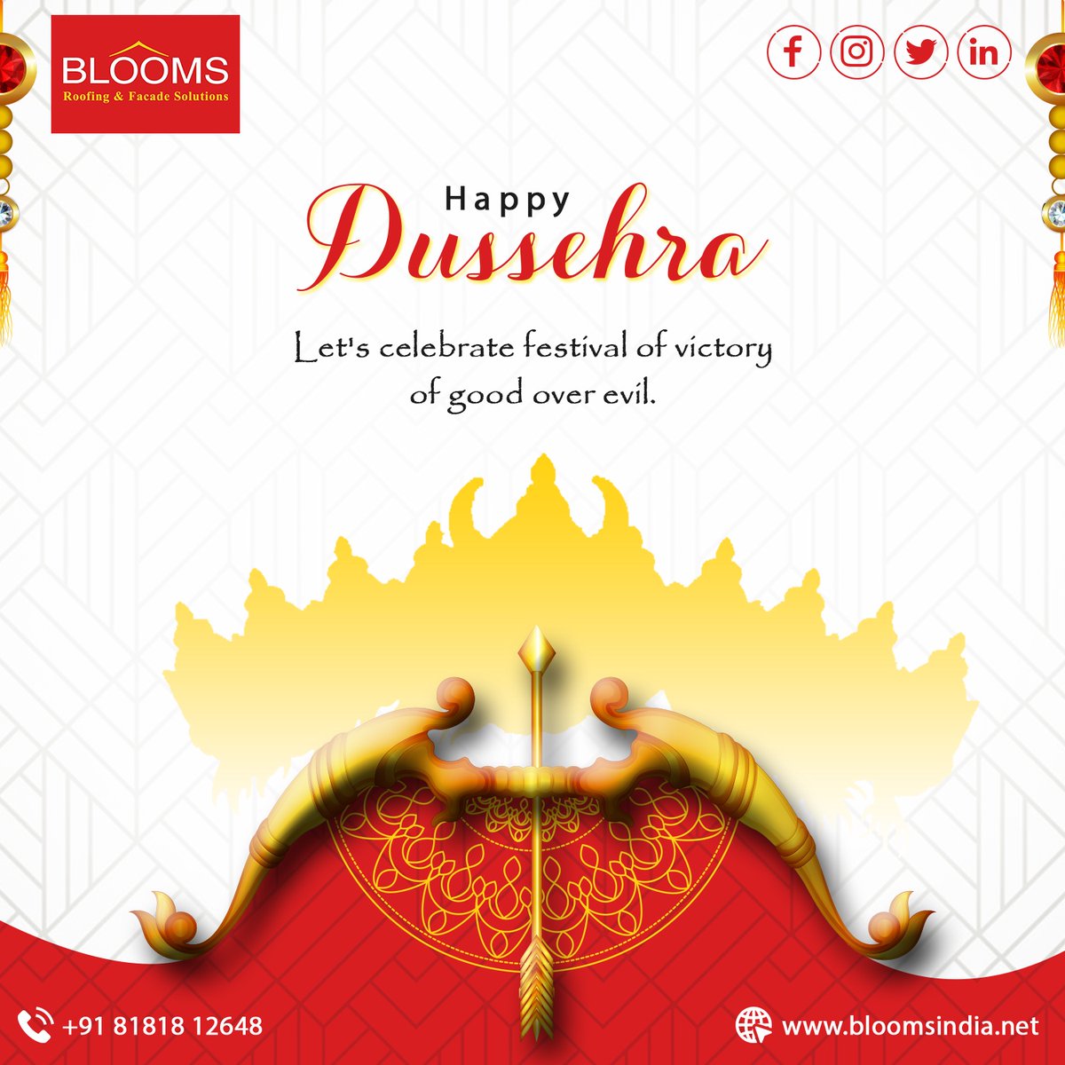 blooms_india's tweet photo. Let's celebrate festival of victory of good over evil.
Happy Dussehra 🙏
Blooms India
https://t.co/zeknqlpNro
#dussehra #festivals #victory #roofingservices #architects #builders #bloomsindia #delhincr #corporates #design #codingtag #roofing #facades https://t.co/R4OEeK3Xwz