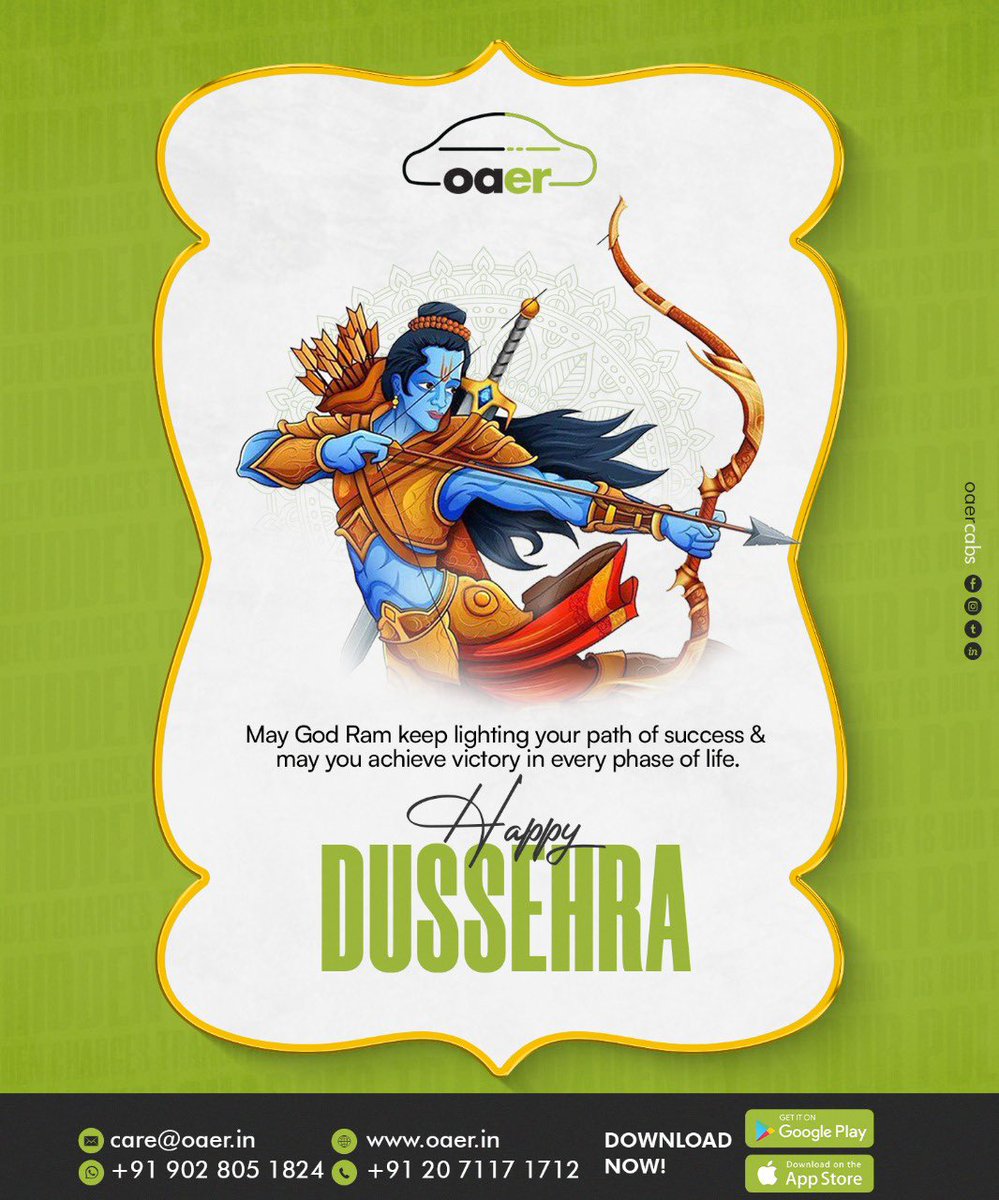 OaerCabs's tweet photo. Happy Vijayadashmi 
#oaer #oaercabs #pune #mumbai #nashik #nagpur #hyderabad #bangalore #chennai https://t.co/nIu49fezsx