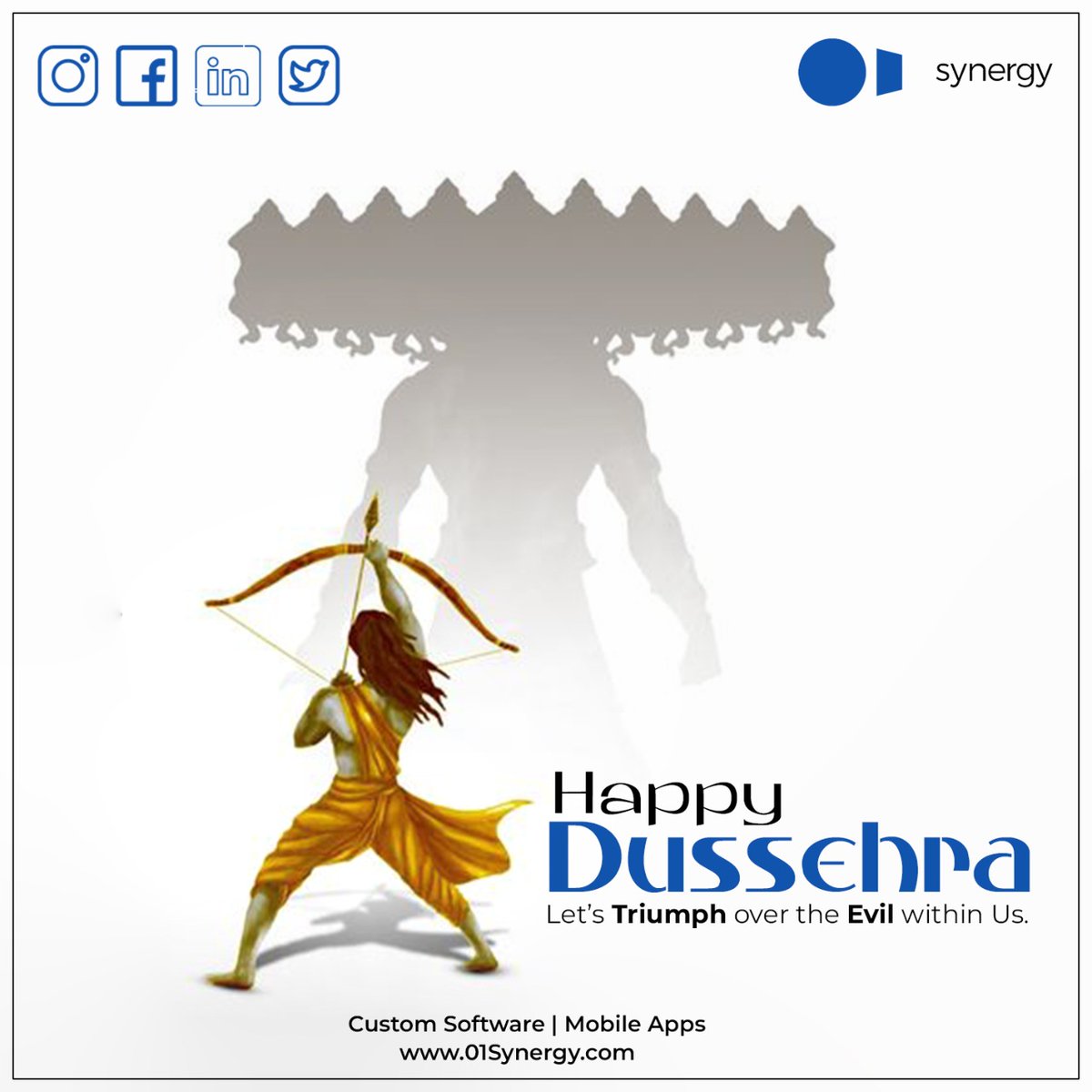 01Synergy_dev's tweet photo. I wish you success in banishing all negative thoughts from your mind, just as Lord Ram did for evil on Earth. Have a prosperous and happy Dussehra!

#Dussehra #Dusshera2022 #DussehraFestival #DussehraFestival #Dussehrawishes #websitedevelopment https://t.co/JxX218yFkS