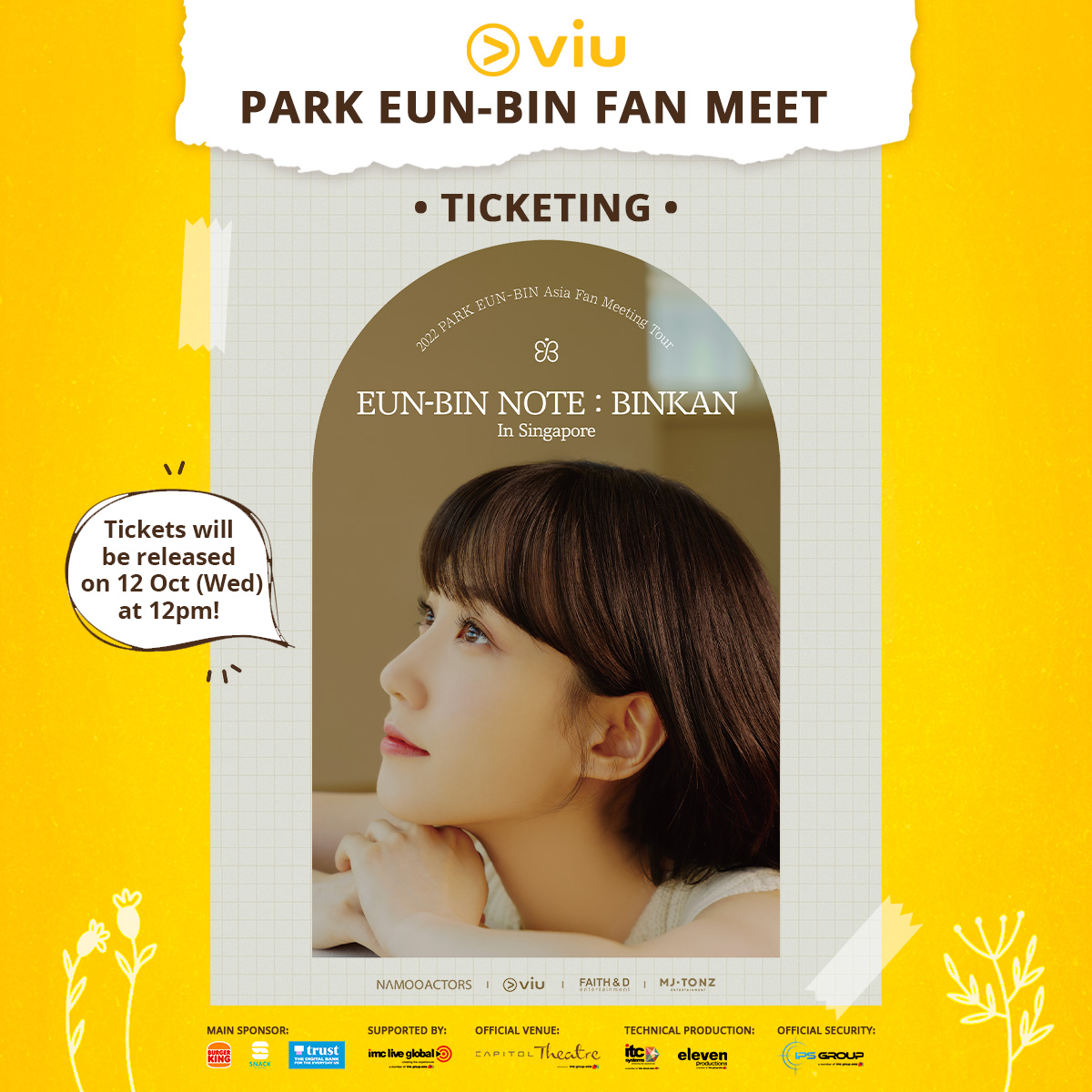ViuSG's tweet photo. Hey Viu-ers! Ticket sales for Park Eun Bin Fan meet will be released next week, 12 Oct (Wed) at 12pm! Watch this space 🤩

#viuparkeunbinsg https://t.co/TlbqzRAy22