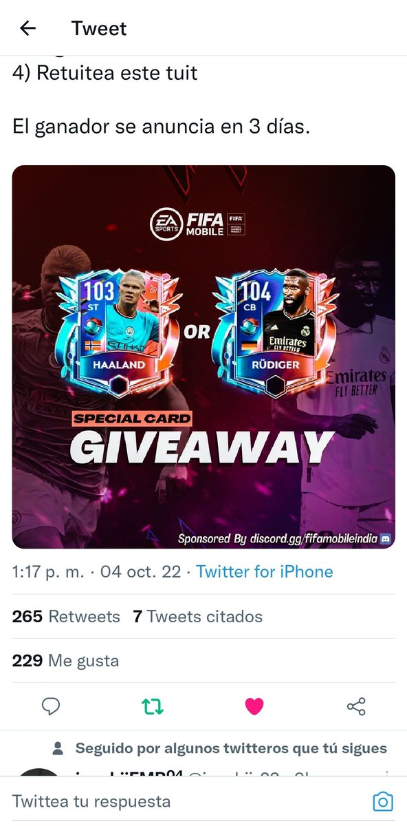 TauroFC3's tweet photo. @RkReddyFIFA @EAFIFAMOBILE Espero tener mucha suerte y ser el afortunado ganador de uno de esos jugadorazos https://t.co/QwnlhUJIS0