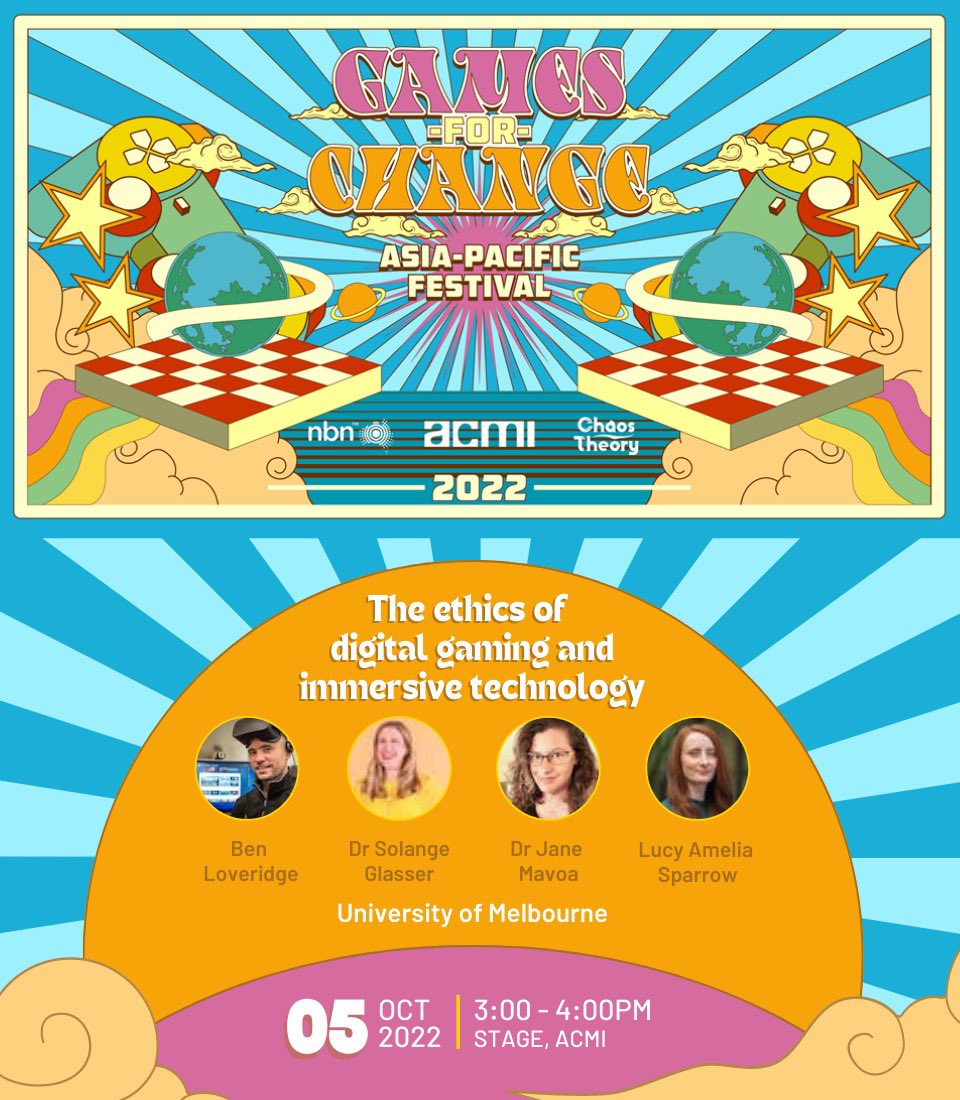 g4capac's tweet image. “The ethics of digital gaming and immersive technology” #G4CAPAC panel is starting now! 

Excited to hear from @benloveridge, @SolangeGlasser, @JaneMavoa and @lucymsparrow 🎮✨

Live at ACMI and you can also join online here: hopin.com/events/games-f… #MIGW22
