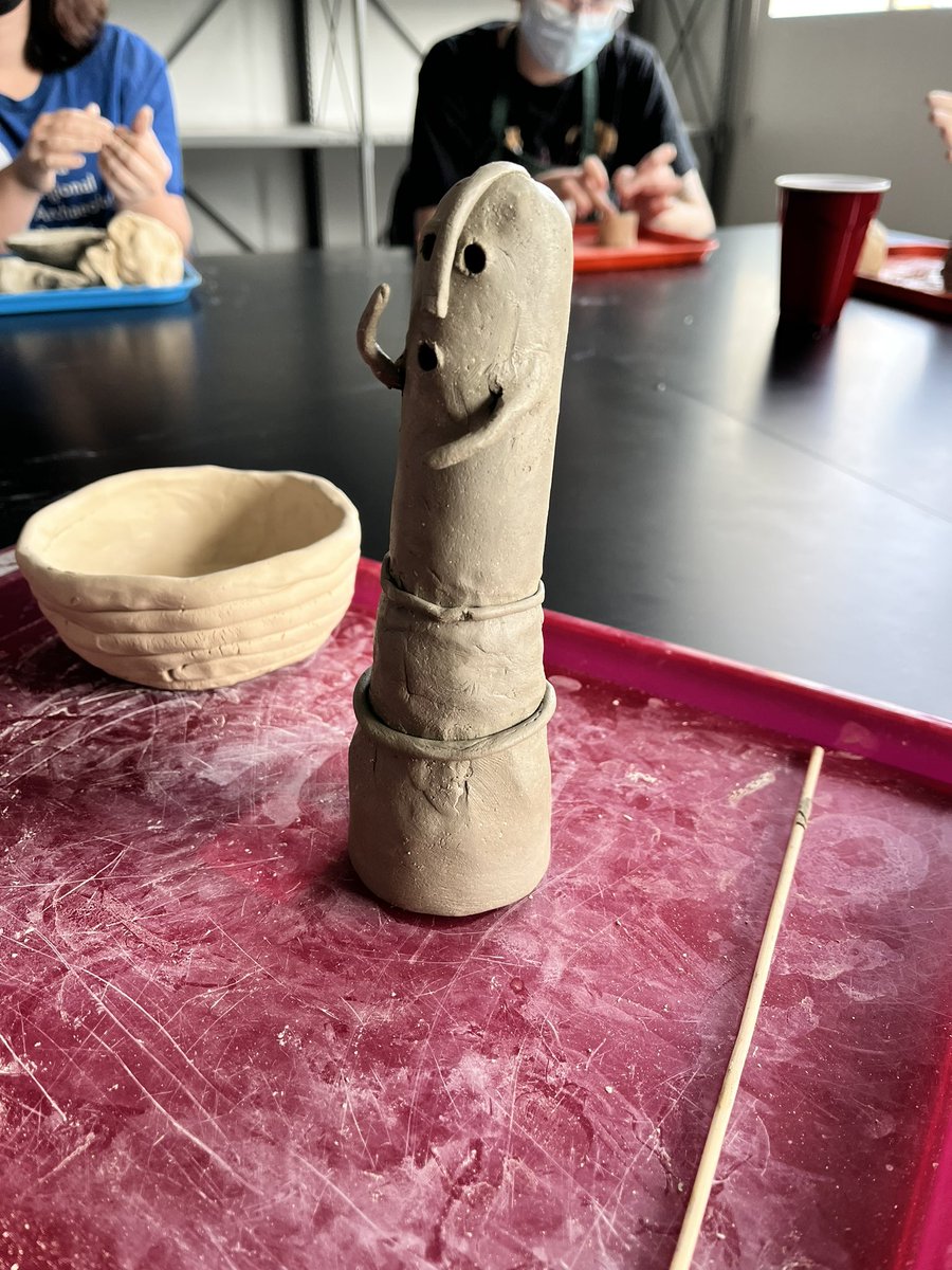 archymama's tweet photo. This quarter I’m teaching ceramic analysis, and today we worked with clay and tried various forming techniques and used different types and mixes of clay. The products are drying in the teaching lab. One of my students recreated a caricature dogu from Japan!! https://t.co/Uw9Wcp5ZLZ