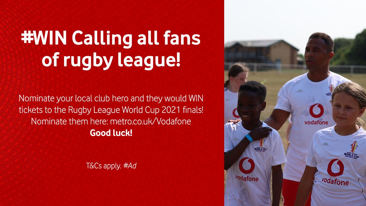 Metro Competitions (@metro_comps) on Twitter photo #WIN Calling all fans of rugby league! Nominate your local club hero and they could WIN tickets to the Rugby League World Cup 2021 finals! <a href="/VodafoneUK/">Vodafone UK</a>
Nominate them here: metro.co.uk/Vodafone
Good luck! T&Cs apply. #Ad #WIN Calling all fans of rugby league! Nominate your local club hero and they could WIN tickets to the Rugby League World Cup 2021 finals! <a href="/VodafoneUK/">Vodafone UK</a>
Nominate them here: metro.co.uk/Vodafone
Good luck! T&Cs apply. #Ad