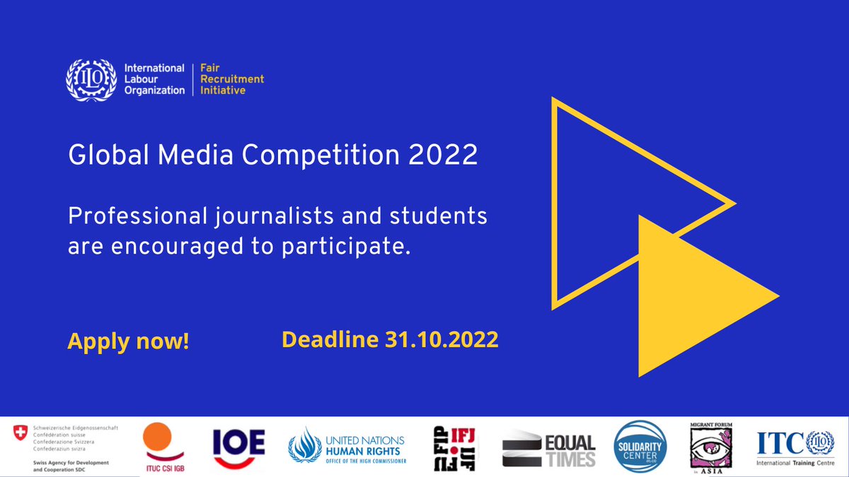 📢 Professional & student journalists: @ilo's Global Media Competition is accepting applications until 31 October! Send your media stories showcasing how positive narratives on #LabourMigration can benefit all 👉 ilo.org/gmc #Media4HumanRights