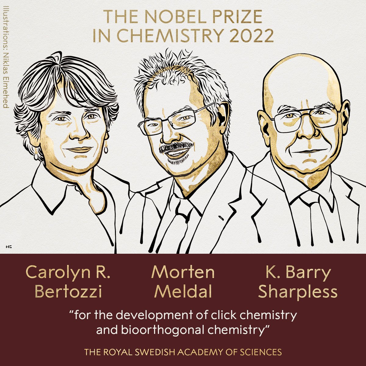 BREAKING NEWS: The Royal Swedish Academy of Sciences has decided to award the 2022 #NobelPrize in Chemistry to Carolyn R. Bertozzi, Morten Meldal and K. Barry Sharpless “for the development of click chemistry and bioorthogonal chemistry.”