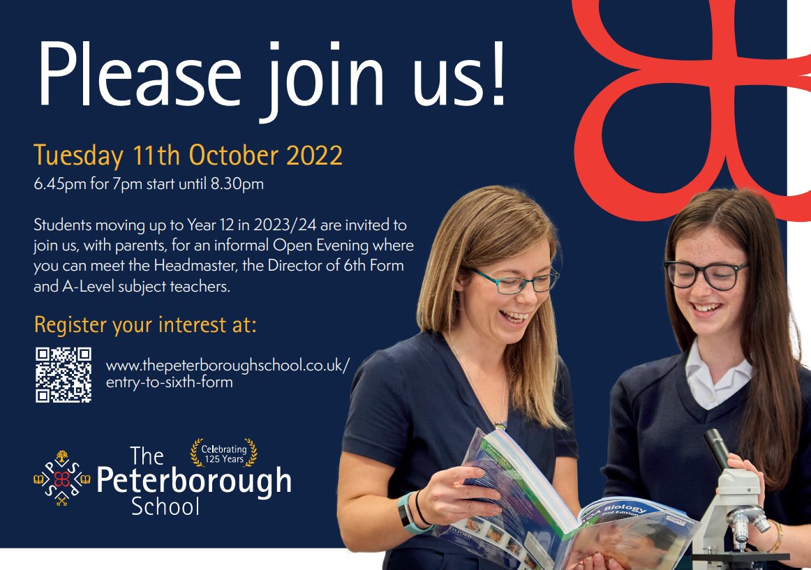 Join our Sixth Form Information Evening next Tuesday 11th October from 6.45pm until 8.30pm for all current Year 10 and Year 11 pupils and their parents. 
Register your interest: thepeterboroughschool.co.uk/sixth-form-ope…