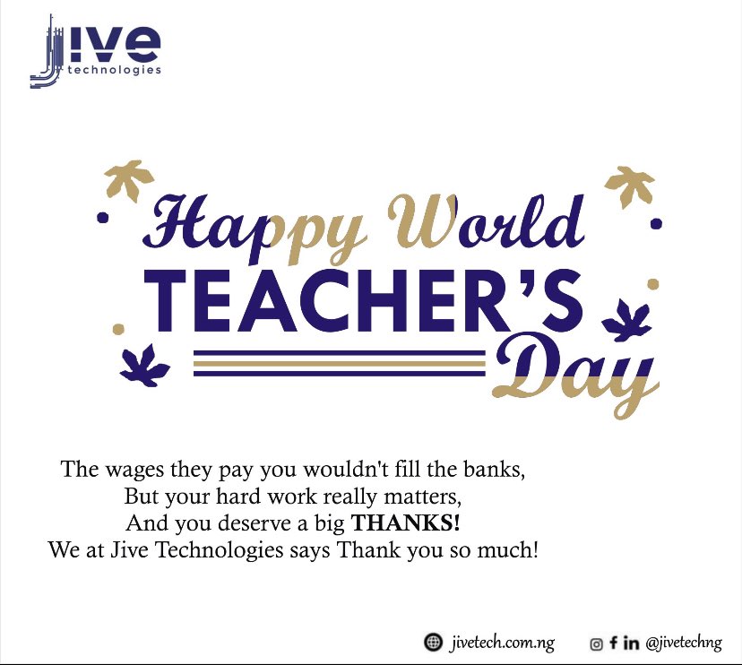 Jivetechnologi2's tweet photo. Happy worlds Teachers day from Jive Technologies
#edutech #educationmatters #jivetech #lagosschools https://t.co/oErJDYwqv2