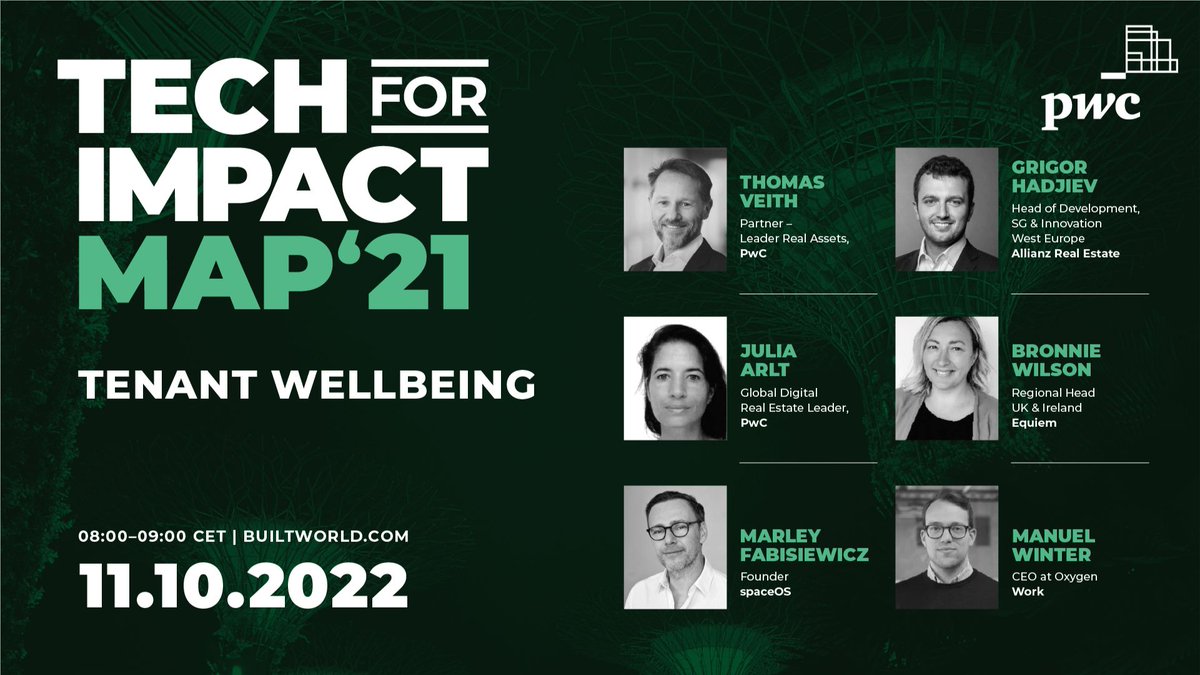 IMPACTful Panel Event Alert 🙌
🗒️ Organised by: #BUILTWORLD &amp; <a href="/PwC/">PwC</a>
🗣️ Speakers: our co-CEO <a href="/marley/">marley</a>; <a href="/PropTech_Europe/">Julia Parvanta (Arlt)</a>, @BronnySarah1, <a href="/allianzfrance/">Allianz France</a>, <a href="/OxygenatWork/">Oxygen at Work AG</a>
📰 Topic: Tenant Wellbeing
📅 Date: 11/10 at 8:00 CET
REGISTER HERE ➡️ tinyurl.com/ezwme5bu
#realestate #proptech