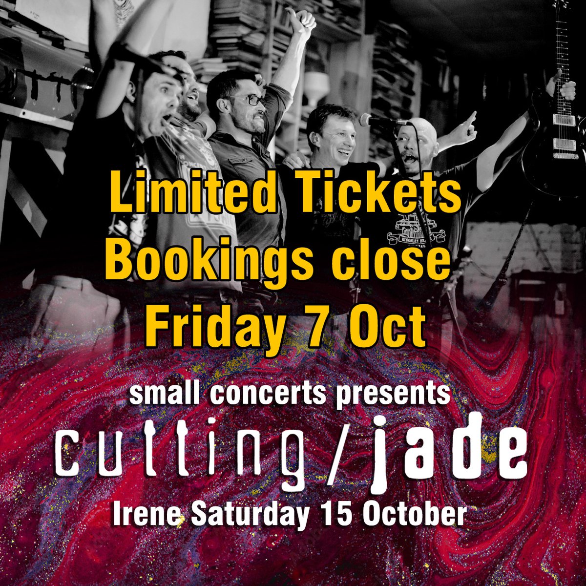 BOOKINGS CLOSE ON FRIDAY, 7 OCTOBER!
LIMITED TICKETS AVAILABLE
<a href="/CuttingJade/">Cutting Jade</a> Irene 15 October
Tickets only available online
To book: forms.gle/pnr43xokSok7Hs…