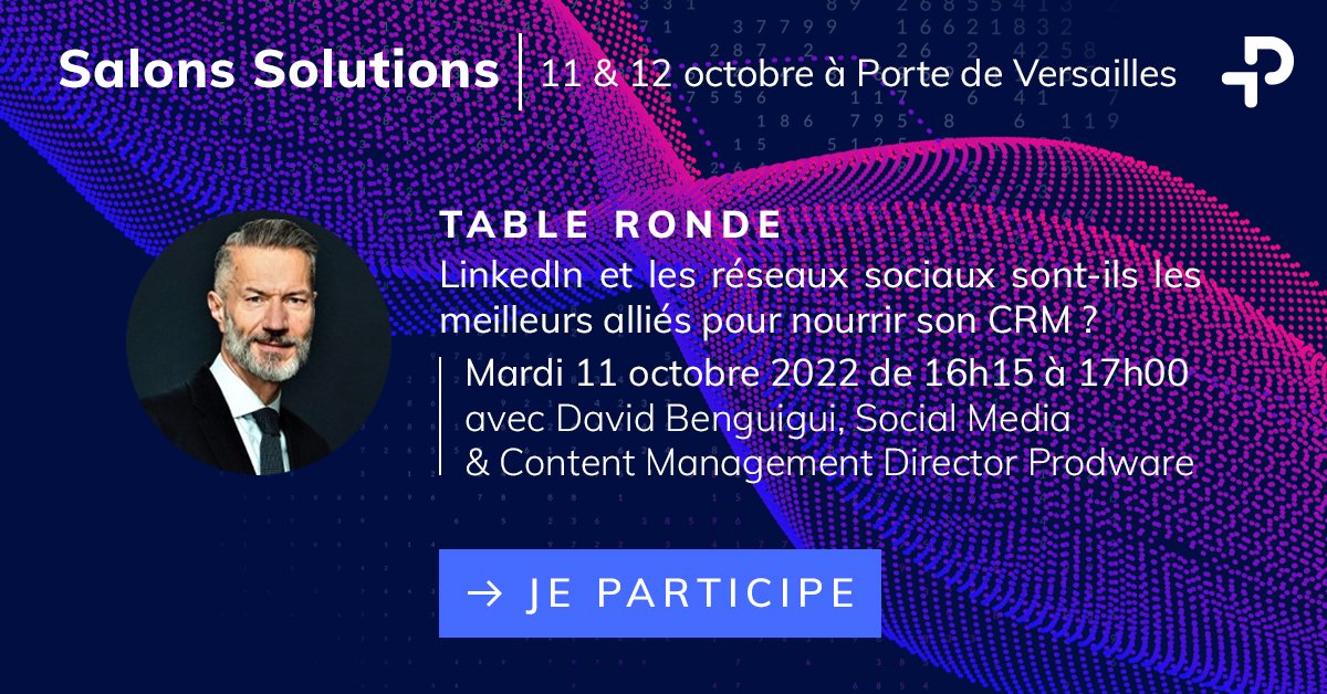 David Benguigui (@benguigui_david) on Twitter photo 📢 Prodware sera présent à #salonsolutions.
➡ En compagnie de <a href="/plaubignat/">Patrice Laubignat</a> , <a href="/IsaDefay/">Isabelle Defay</a> et <a href="/loicsim/">Loic Simon</a>, je participerai également à un débat :
#LinkedIn et les réseaux sociaux sont-ils les meilleurs alliés pour nourrir son #CRM ?
👉 okt.to/h2EA5P 📢 Prodware sera présent à #salonsolutions.
➡ En compagnie de <a href="/plaubignat/">Patrice Laubignat</a> , <a href="/IsaDefay/">Isabelle Defay</a> et <a href="/loicsim/">Loic Simon</a>, je participerai également à un débat :
#LinkedIn et les réseaux sociaux sont-ils les meilleurs alliés pour nourrir son #CRM ?
👉 okt.to/h2EA5P