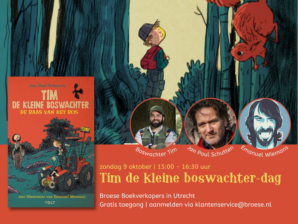 TIP: Deze zondag kunnen lezers @janpaulschutten, @Emanuel_wiemans én @boswachtertim ontmoeten bij <a href="/Broese_utrecht/">Broese</a> (dat gebeurt bijna nooit)! 

🌳 De toegang is gratis, maar meld je wel even aan via klantenservice@broese.nl!

#kinderboekenweek  #timdekleineboswachter