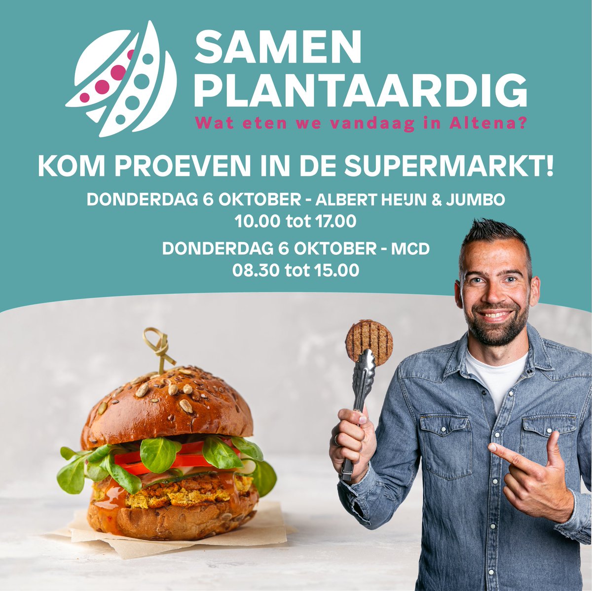 KeesvdHeuvel's tweet photo. Wist je dat plantaardig eten ontzettend lekker én heel eenvoudig is? Kom donderdag 6 oktober langs bij onze proeverij en laat je verrassen! Locatie: AH Almkerk, MCD Werkendam, Jumbo Wijk &amp; Aalburg. Ben jij er ook? Tot dan! @gemeentealtena @KontaktAltena @radioAFMnl @AltenaNet https://t.co/5m6WSEgHgj