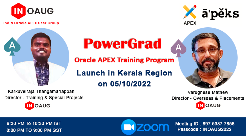 varghese0905's tweet photo. INOAUG PowerGrad  Launch in Kerala Region on 05/10/2022
Free Oracle APEX Training program @chaitanya_in @tkarkuvelraja @inoaug #orclapex #oracleAPEXIndia
#oracleAPEXAPAC #inoaug https://t.co/l4jWBInAeX
