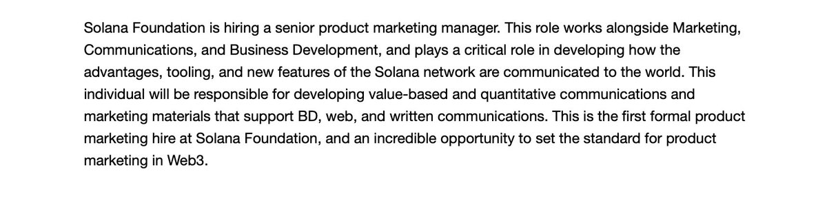 Austin_Federa's tweet photo. PSA: I'm still hiring for a Senior Product Marketing Manager at @SolanaFndn!

This is an incredibly exciting role to hire for - but also a difficult one. Please share widely – if we hire someone you refer I'll give you a free JunkMail NFT

https://t.co/CQ7rkG1M2C https://t.co/oVtHJjdGgb