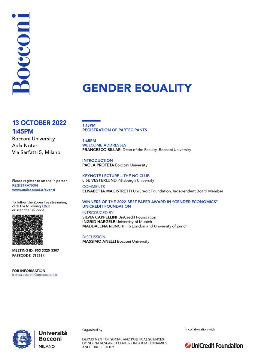 AxaGenderLab's tweet photo. Register for the 12th edition of the Gender Equality Workshop at Bocconi‼️

@lise_vesterlund will be giving a keynote lecture on The No Club 🚫

🗓 Thur., 13 Oct.
⏰ Registration 1:15pm, Welcome Address 1:45pm CET
🖥 Hybrid event 

@Paola_Profeta @Unibocconi https://t.co/pxkRcJQW04