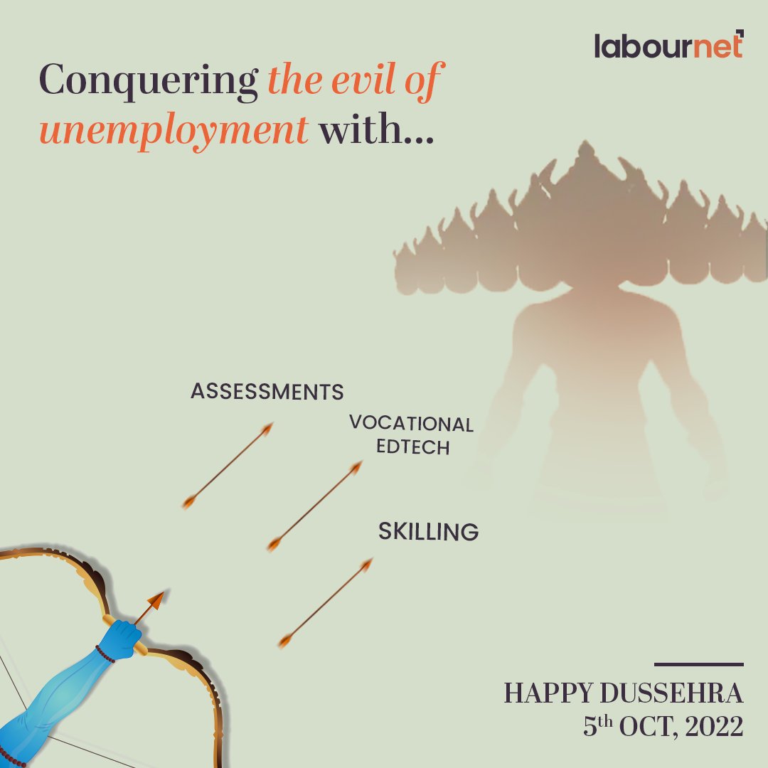 labournet's tweet photo. This Dussehra, let’s pledge to defeat unemployment with the power of skilling! 

LabourNet wishes you all a happy and prosperous Dussehra!

#Dussehra #VijayaDashmi #Dussehra2022 #EdTech #Skilling #VocationalEducation #SocialChange #Changemakers #LabourNet #HappyDussehra https://t.co/8CCrPqB7GA