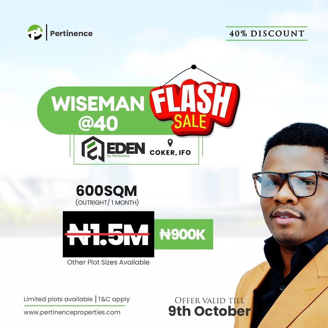 VidacodeS's tweet image. WISEMAN @40 WITH 40% DISCOUNT

To commemorate the celebration of WISEMAN&apos;S BIRTHDAY CELEBRATION, we will be having a 40% discount offer on some of our prime locations to run from 4th of October to 
9th of October,2022.

NB: Payment duration is Outright/ One month