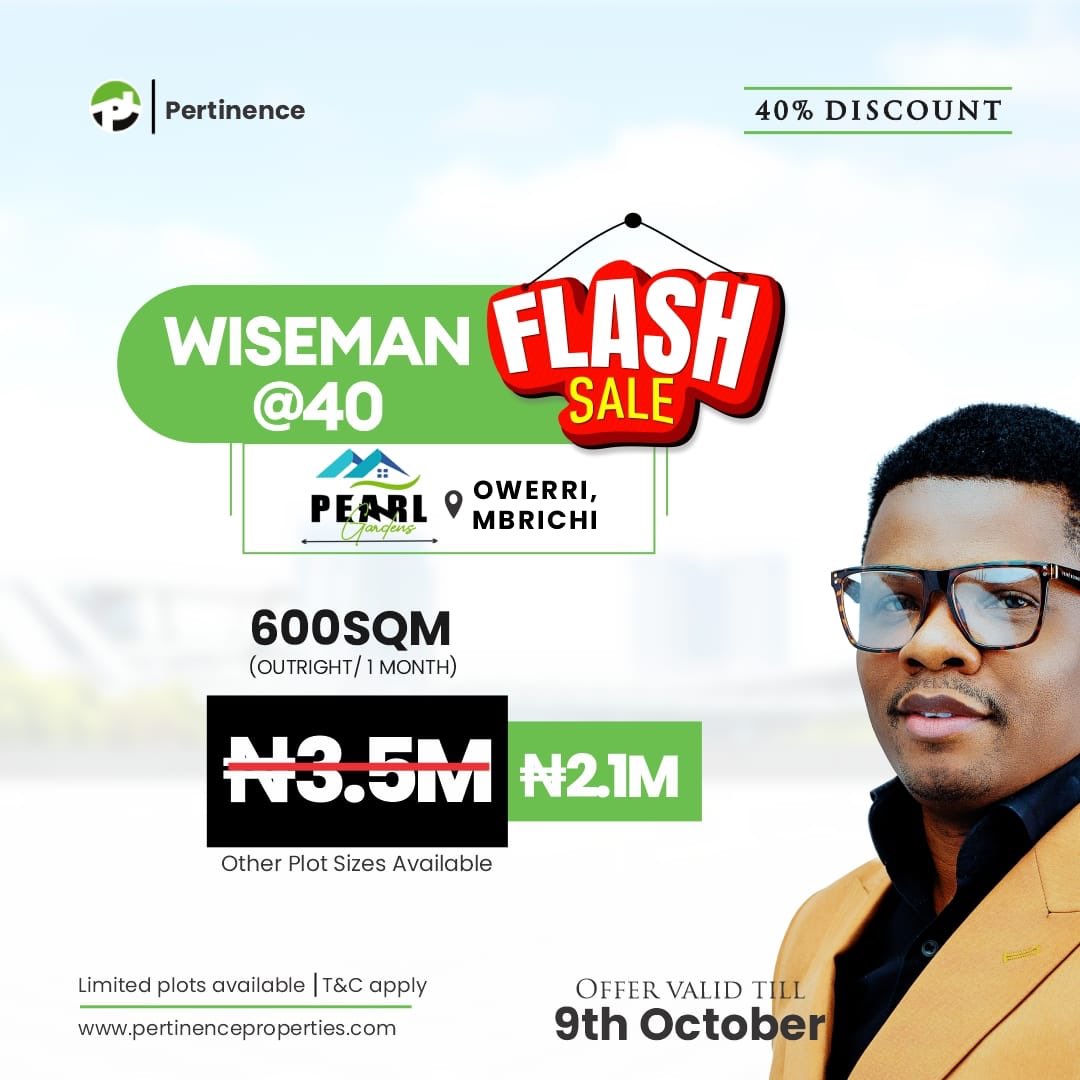 VidacodeS's tweet image. WISEMAN @40 WITH 40% DISCOUNT

To commemorate the celebration of WISEMAN&apos;S BIRTHDAY CELEBRATION, we will be having a 40% discount offer on some of our prime locations to run from 4th of October to 
9th of October,2022.

NB: Payment duration is Outright/ One month