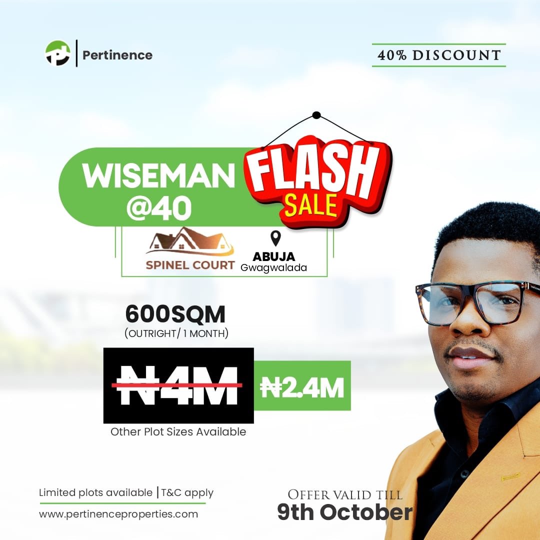 VidacodeS's tweet image. WISEMAN @40 WITH 40% DISCOUNT

To commemorate the celebration of WISEMAN&apos;S BIRTHDAY CELEBRATION, we will be having a 40% discount offer on some of our prime locations to run from 4th of October to 
9th of October,2022.

NB: Payment duration is Outright/ One month