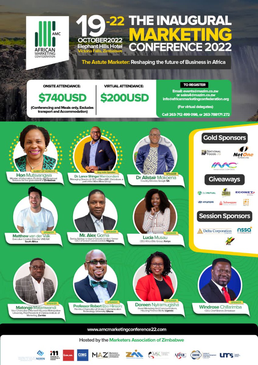 MarketersZim's tweet image. 12 Days to go! Have you registered? Confirm your booking to avoid disappointments. Register amcmarketingconference22.com/conference-reg…, or call Joyce on 0712 499098, or email, events@mazim.co.zw @eniablessed  @DrMambondiani @LuciaMusau @AlistairMokoena @MsNyiramugisha @WindroseChief @lkazhanje