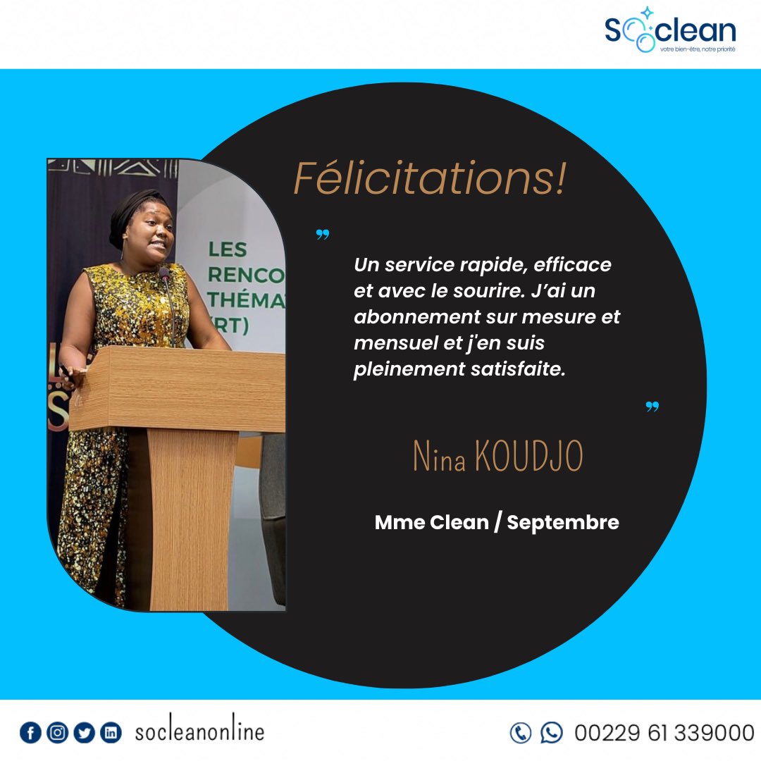 Socleanonline's tweet photo. Félicitations à notre Mme Clean du mois de septembre, Nina KOUDJO qui repart avec :

- 25% de remise sur sa première commande du mois d’octobre;

- une housse et un sac personnalisés;

- un chèque cadeau de 5.000 FCFA (à offrir à un proche)

Excellent mois à tous 😇🙏🏼!! https://t.co/BsMleVHxWL