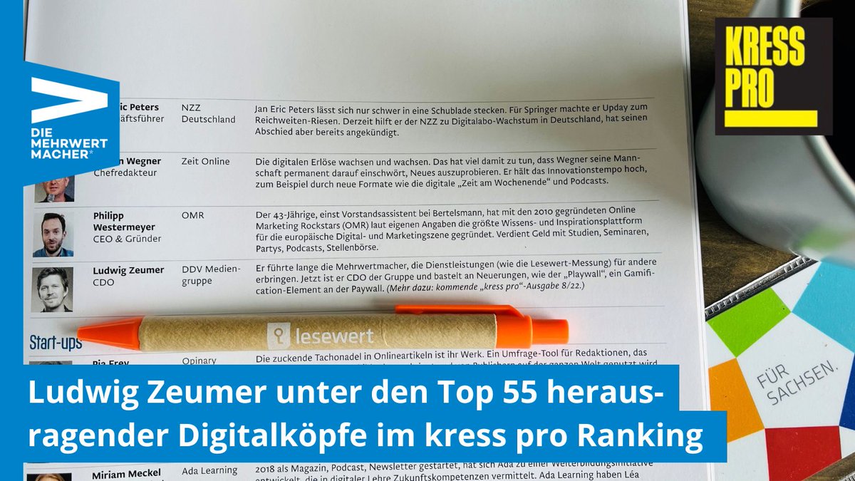 Die #Digitalisierung beschäftigt die #Medienbranche seit Jahren. Wer sind die #Entscheidungsträger:innen, #Ideengeber:innen, wer steht für #Wandel &amp; #Innovation? <a href="/kressZwitscher/">kresszwitscher</a> kürt die Top 55 Digitalköpfe der dt. #Medienlandschaft und @LudwigZeumer gehört dazu. Gratulation! 🏆