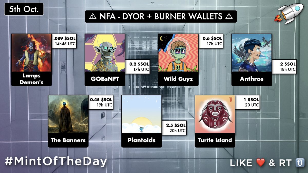 Nico (@mintoftheday) on Twitter photo 🔥 Today's #SolanaNFTs Mints 🔥
14:45UTC・<a href="/LampsDemons/">Lamps Demon's | SOLD OUT</a>・0.089 $SOL
17UTC・@gObsNFT1・0.2 $SOL
17UTC・@WildGuyzNFT・0.6 $SOL
18UTC・@Anthros0fficial・2 $SOL
19UTC・<a href="/NeuralsAI/">Neurals</a>・0.45 $SOL
20UTC・<a href="/PlantoidsNFT/">Plantoids 🌱</a>・2.5 $SOL
20UTC・<a href="/TurtleIslandNFT/">Turtle Island NFT</a>・1 $SOL
#MintOfTheDay 🚀 🔥 Today's #SolanaNFTs Mints 🔥
14:45UTC・<a href="/LampsDemons/">Lamps Demon's | SOLD OUT</a>・0.089 $SOL
17UTC・@gObsNFT1・0.2 $SOL
17UTC・@WildGuyzNFT・0.6 $SOL
18UTC・@Anthros0fficial・2 $SOL
19UTC・<a href="/NeuralsAI/">Neurals</a>・0.45 $SOL
20UTC・<a href="/PlantoidsNFT/">Plantoids 🌱</a>・2.5 $SOL
20UTC・<a href="/TurtleIslandNFT/">Turtle Island NFT</a>・1 $SOL
#MintOfTheDay 🚀