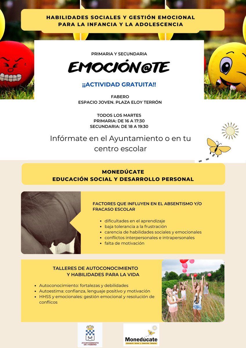 moneducate's tweet photo. Si vives en FABERO y tienes hij@s en PRIMARIA o SECUNDARIA, no dejes pasar esta oportunidad: 

🍀🍀"Talleres de habilidades para la vida"🍀🍀
- Autoconocimiento 🧒
- Gestión emocional🧘‍♀️
- Habilidades sociales 👥 

👩‍🏫 Actividad GRATUITA.
Te interesa?🤔
Pues llama ya! ☎️🙃😉 https://t.co/oxWedRtSZF
