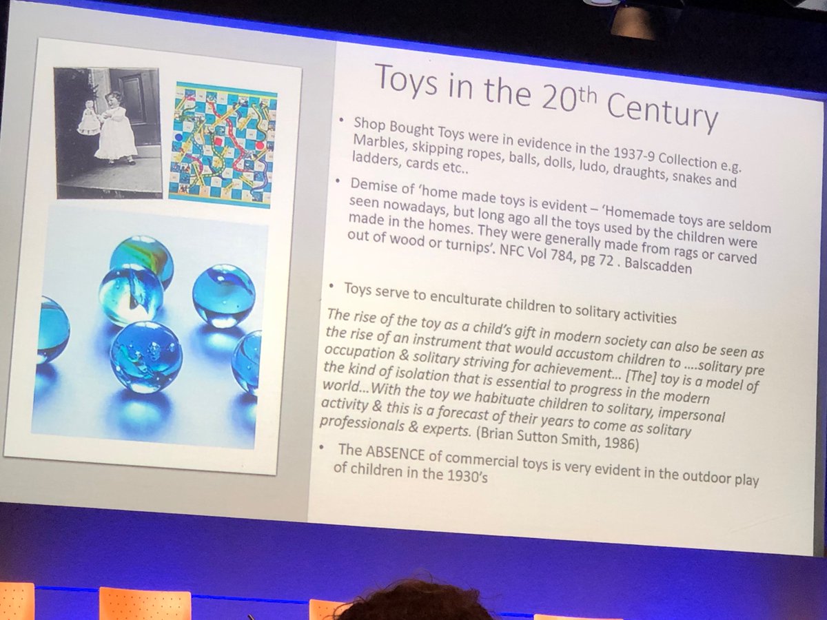 Intriguing Brian Sutton Smith quote about how the 20th century growth in toys was “an instrument that would accustom children to… a solitary working life”. From Dr Carol Barron at #childinthecitydublin2022.